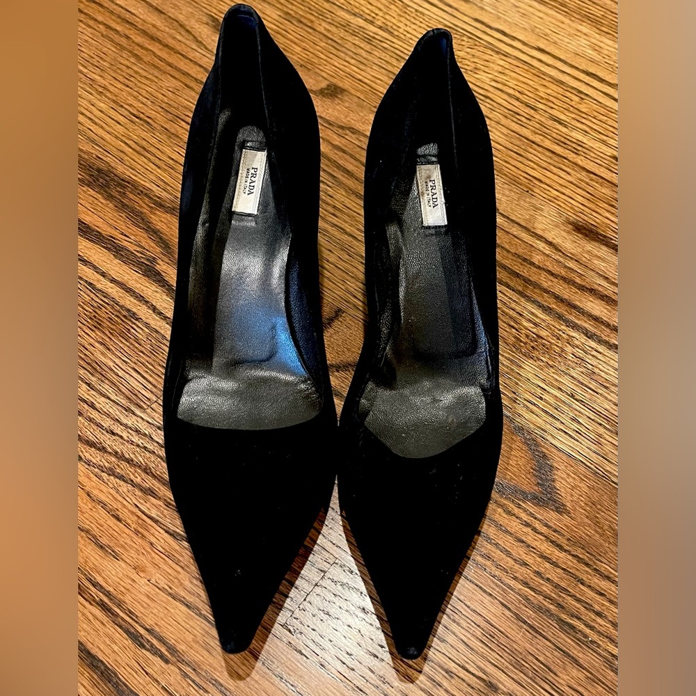 Prada Vero Cuoio black suede spool kitten-heels.
